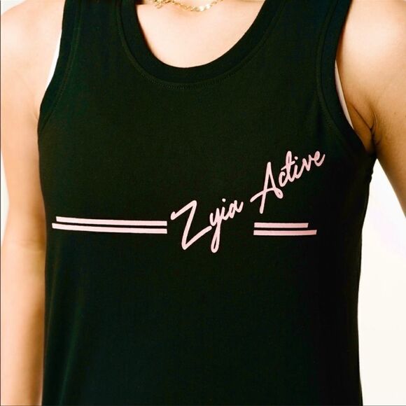 Zyia Active Tank Top Black Sleeveless Muscle Tee Size Medium Pink Logo - Picture 3 of 10